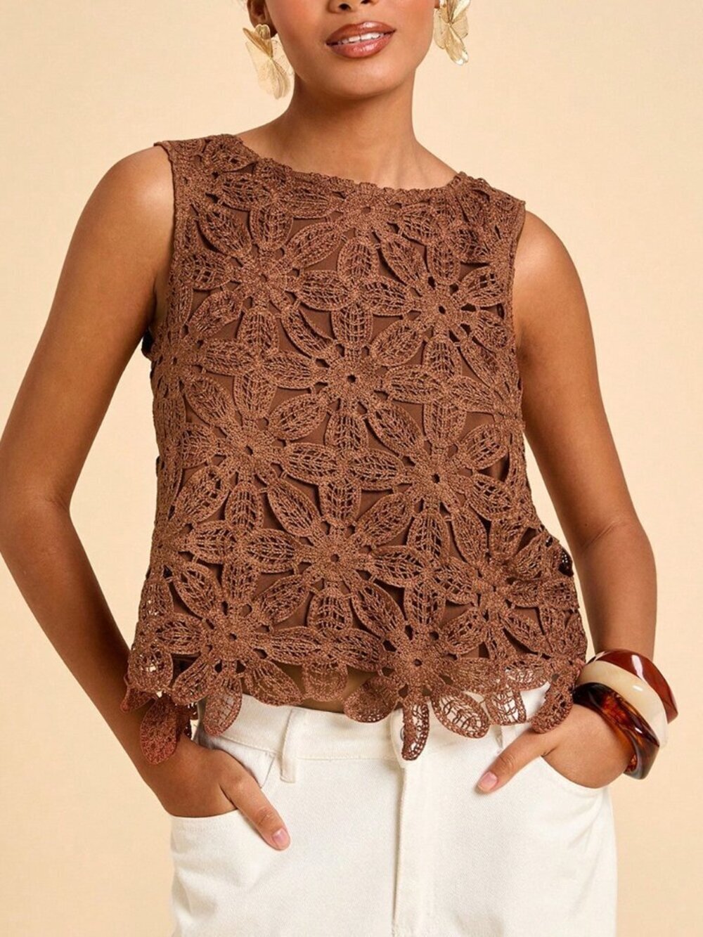 Coffee Brown Boho Crochet Women's Sleeveless Crew Neck Top Vacation Beach - Picture 3 of 7